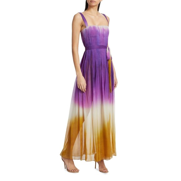 $7990 Oscar De La Renta Pintuck Abstract Ombre Silk Chiffon Maxi Dress Size 12